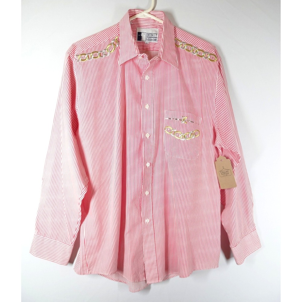 VTG Infinity Fashions Button Down L Red‎ White Striped Metallic Embroid Nautical